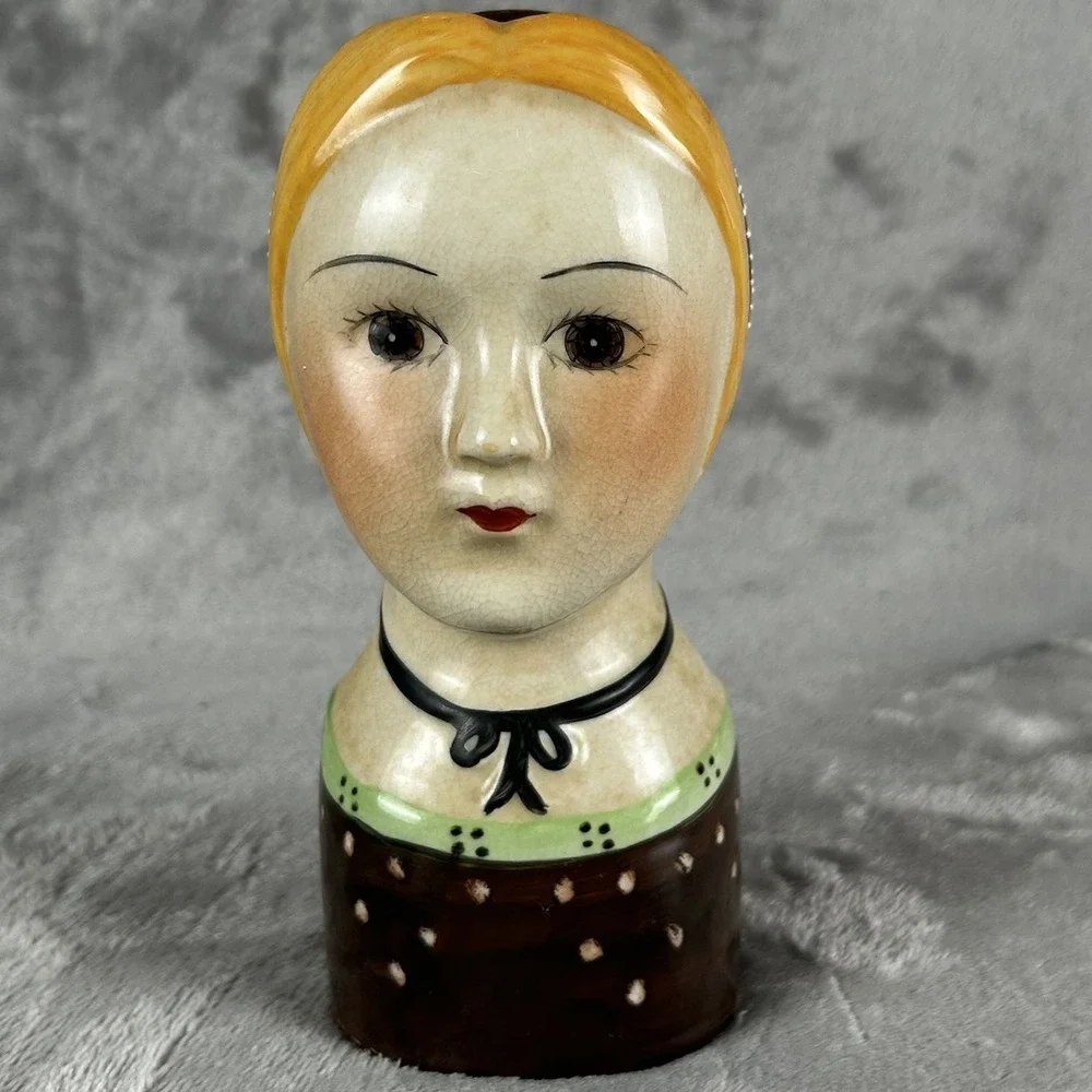 Vintage Ceramic Lady Head Wall Pocket Vase Planter Blonde Woman Polka Dot Dress